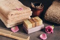 Bath accessories, terry towels, soap, natural washcloth, wooden comb