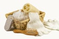 Bath accessory, various spa and beauty threatment products, body scrub in wooden basket.