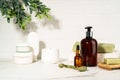 Natural cosmetic products in the bathroom on white background.