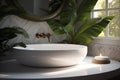 green tropical white leaf sink design clean bathroom mirror home interior. Generative AI.