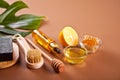 bath and beauty spa personal hugiene accessories on the brown background Royalty Free Stock Photo