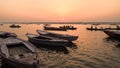 Bath and boats during the sunrise on Ganges at Benaras or Varanasi, beginning of a new day, 4k footage video