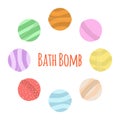 Bath bomb cartoon set. Nature organic soap, aromatherapy, heathcare, hygiene. Royalty Free Stock Photo