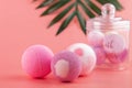 Bath bomb, pink body salt balls, organic cosmetics, sizzling bubbles, gift set Royalty Free Stock Photo