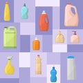 Bath bottles banner vector illustration. Plastic containers bottles, tubes and jars for cream, body lotion, shampoo and