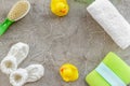 Bath cosmetic set for kids, towel and toys on gray background top view space for text Royalty Free Stock Photo