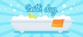 Bath day banner. Soap bubbles, yellow duck and towel on bathtub. Bathroom furniture and accessories, self hygiene Royalty Free Stock Photo