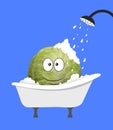 Contemporary art collage. Cute happy pleased cabbage taking bath with soap foam isolated over blue background. Drawn
