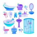 Bath equipment for bathroom vector illustration set, toilet bowl, bathtub, toiletry for hygiene