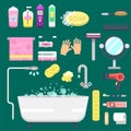 Bath equipment icons modern shower colorful illustration for bathroom interior hygiene vector design. Royalty Free Stock Photo