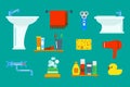 Bath equipment icons shower flat style colorful clip art illustration for bathroom hygiene vector design.