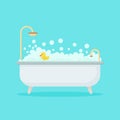 Bath full of foam with bubbles isolated on background. Bathroom interior. Shower taps, bathtub, rubber duck. Royalty Free Stock Photo