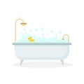 Bath full of foam with bubbles isolated on background. Bathroom interior. Shower taps, bathtub, rubber duck. Royalty Free Stock Photo