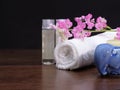 Bath gel, towel, and aromatherapy candle Royalty Free Stock Photo