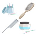 Bath and health care cartoon simple gradient icons set. Metal hair comb, cotton sticks, hair or face cream, wooden hair brush for