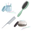 Bath and health care cartoon simple gradient icons set. Metal hair comb, cotton sticks, hair or face cream, green plastic hair bru