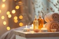 bath oils on plinth, candles flickering slightly blurred Royalty Free Stock Photo