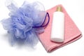 Bath puff liquid soap and towel Royalty Free Stock Photo