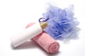 Bath puff liquid soap and towel Royalty Free Stock Photo