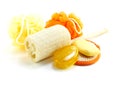 Bath puff and sponge with towel on white background Royalty Free Stock Photo