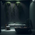 A bath room with a tub a sink and a plant