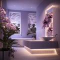 a bath room with a tub a sink and a plant Modern interior Bathroom with Lavender color theme