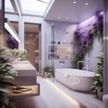 a bath room with a bath tub a sink and a plant Modern interior Bathroom with Lavender color theme