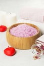 Bath salt with aroma of a rose in a wooden bowl, petals and a fr Royalty Free Stock Photo