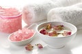 Bath salt and rose lotion Royalty Free Stock Photo