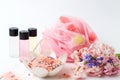 Bath salt with sponge and essential oils Royalty Free Stock Photo