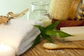 Bath salt and towel on bamboo mat spa concept Royalty Free Stock Photo