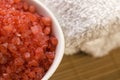 Bath salt and towel. red and white. Royalty Free Stock Photo