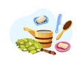 Bath and sauna accessories cartoon set. Accessories for sauna, spa treatments, hygiene products. Birch broom, soap, comb, wooden