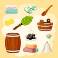 Bath and sauna accessories set. Wooden brown wellness ladle with bucket and massage green leafy broom barrel full hot