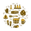 Bath or sauna set, color round template for spa emblem, label, print, poster. Brown outline illustration of wooden tub, ladle, hat