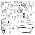 Bath set. Bathroom items. Vector sketch illustration