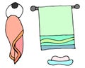 Bath set, colorful towels. Hand drawn doodle background