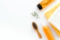 Bath set. Shampoo, towel, brush on white background top-down frame copy space Royalty Free Stock Photo