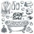 Bath and shower isolated design elements. Vector hand drawn sketch illustration. Bathroom accessories and equipment set Royalty Free Stock Photo