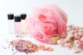 Bath sponge and salt with pink flowers Royalty Free Stock Photo