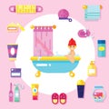 Bath supplies, hygiene accessories, cosmetics etc with smiling girl takes a bubble bath. Flat design icons set. Royalty Free Stock Photo