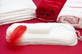 Bath terry towels, red feather on menstrual woman pad and tampon. Medical concept photo. Blood period. Menstruation sanitary hygie