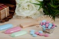 Bath Time color tablets for kids on wood background Royalty Free Stock Photo
