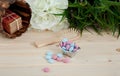 Bath Time color tablets for kids on wood background Royalty Free Stock Photo