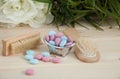 Bath Time color tablets for kids on wood background Royalty Free Stock Photo