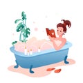 Bath time home spa flat concept vector illustration, cartoon pretty young woman character having relaxing bubble foam Royalty Free Stock Photo