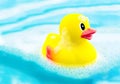 Bath time and rubber duck in soap foam