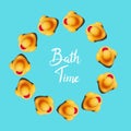 Bath time -  text with yellow rubber ducks on blue background. Top view, flat lay. Bath concept. Collage Royalty Free Stock Photo