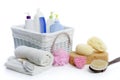 Bath toiletries basket with shower gel Royalty Free Stock Photo