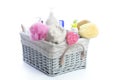 Bath toiletries basket with shower gel Royalty Free Stock Photo